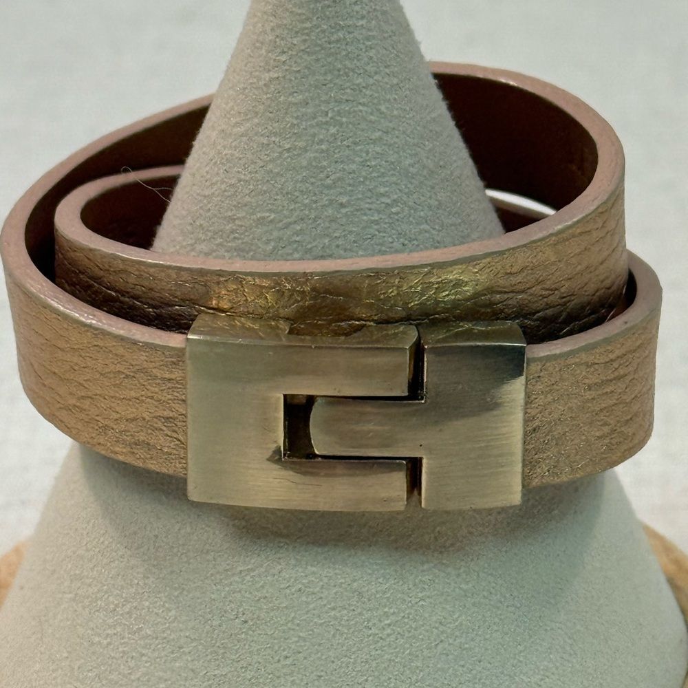 Leigh Elena Rose Gold Double Jigsaw Cowhide Leather Wrap Bracelet